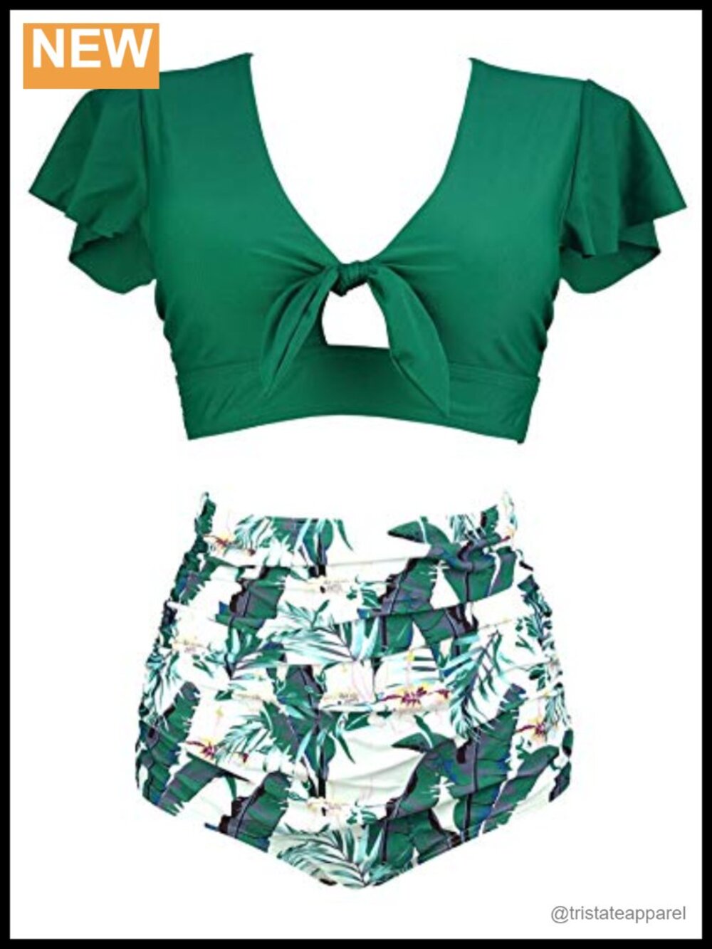 Retro Ruched Ruffle High Waist Two Piece Bikini Set Tie Knot Front Top